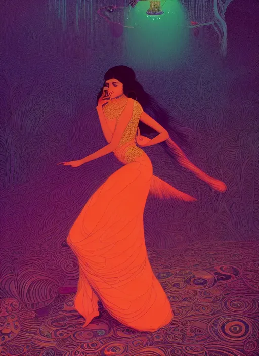 Prompt: sensual beautiful young indian girl in a little black dress at a bar, dancing in the background, epic scene, by victo ngai, kilian eng vibrant colours, dynamic lighting, digital art, winning award masterpiece, fantastically beautiful, illustration, aesthetically inspired by beksinski and dan mumford, trending on artstation, art by greg rutkowski, 8 k