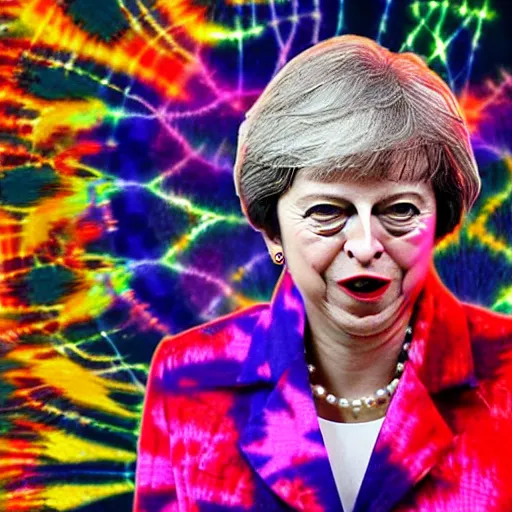 Image similar to Theresa May at a psytrance club, magic mushrooms, lasers, tie-dye, psychedelic