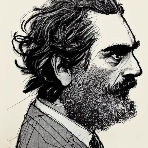 Prompt: a realistic yet scraggly portrait sketch of the side profile of a stern and sophisticated joaquin phoenix, trending on artstation, intricate details, in the style of frank auerbach, in the style of sergio aragones, in the style of martin ansin, in the style of david aja, in the style of mattias adolfsson
