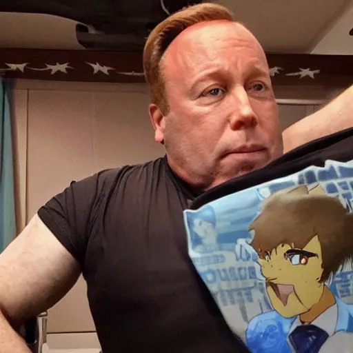 Image similar to alex jones proudly displaying his waifu body pillow in a room full of action figures