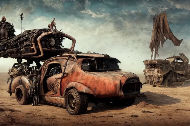 Image similar to full color hd photo of a mad max vehicle, octane render 4 k, by hieronymus bosch, joel peter witkin, annie liebovitz. gustave dore, hr giger, zdzisław beksinski, epic, artstation, cgisociety, weta, disney