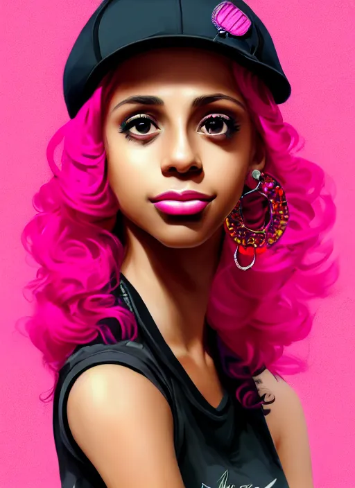 Image similar to portrait of teenage vanessa morgan with bright pink hair, black girl, vanessa morgan, curly pixie cut hair, wearing newsboy cap, newsboy cap, hoop earrings, intricate, elegant, glowing lights, highly detailed, digital painting, artstation, concept art, smooth, sharp focus, illustration, art by wlop, mars ravelo and greg rutkowski