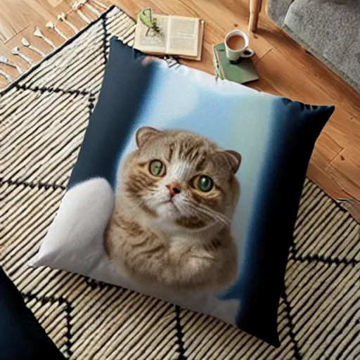 Prompt: content Scottish fold basking in the sunlight on a pillow portrait, atmospheric lighting, painted, golden ratio, golden hour, intricate, highly detailed by Rembrandt