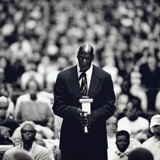 Image similar to a cinematic still of Michael Jordan preaching to a church congregation in 1998, shallow depth of field, portrait, 40mm