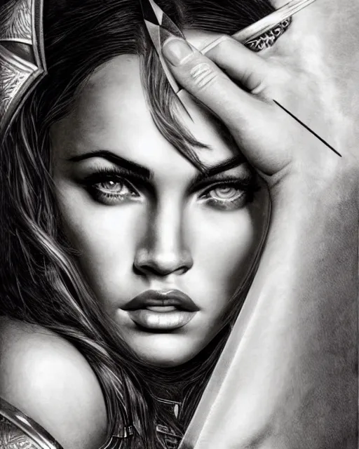 Image similar to portrait of beautiful megan fox as greek goddess aphrodite, archer, arrow on the head, beautiful piercing eyes, flowing blonde hair, realistic face, black and white drawing, in the style of greg rutkowski, fantasy, amazing detail, epic, intricate, elegant, smooth, sharp focus