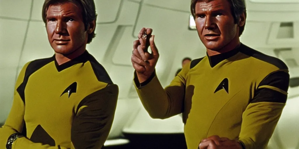 Prompt: Harrison Ford in the role of Captain Kirk in a scene from Star Trek the original series