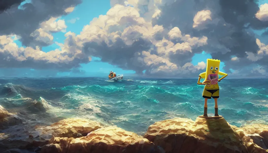 Image similar to A highly detailed matte painting of SpongeBob in the ocean by Studio Ghibli, Makoto Shinkai, by Artgerm, by WLOP, by Greg Rutkowski, volumetric lighting, octane render, 4K resolution, trending on artstation, masterpiece