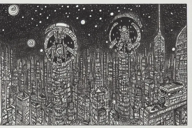 Image similar to a scifi illustration, Night City on Geidi Prime by Louis Wain (1920)