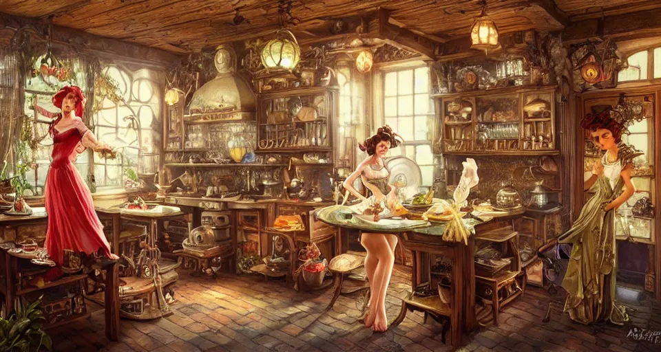 Image similar to a mid - shot of a fairy in a vintage magical kitchen, with one vintage book on a table, with a fireplace in the background d & d, fantasy, intricate, elegant, highly detailed, digital painting, artstation, concept art, smooth, sharp focus, illustration, art by artgerm and greg rutkowski and alphonse mucha