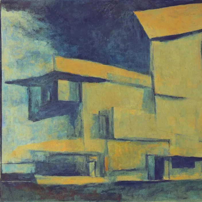 Image similar to a building in a serene landscape, expressionism