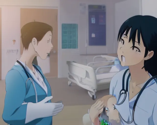 Image similar to a cute young female doctor wearing white coat are talking to a little baby in blue shirt in a hospital, slice of life anime, lighting, anime scenery by Makoto shinkai