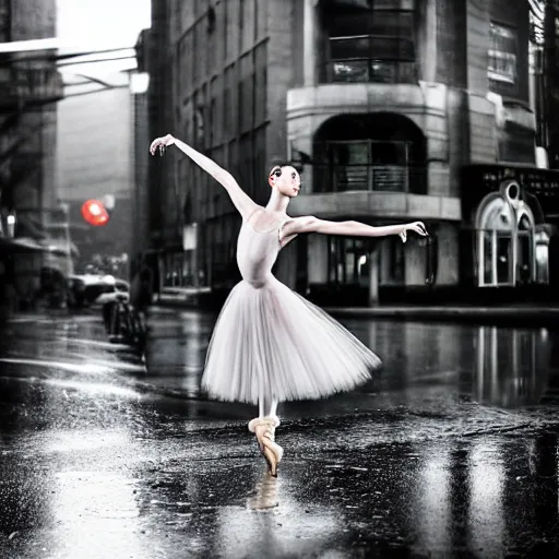 Image similar to portrait of a ballerina dancing in the rain, cinematic light and reflections, beautiful dreamy lighting,