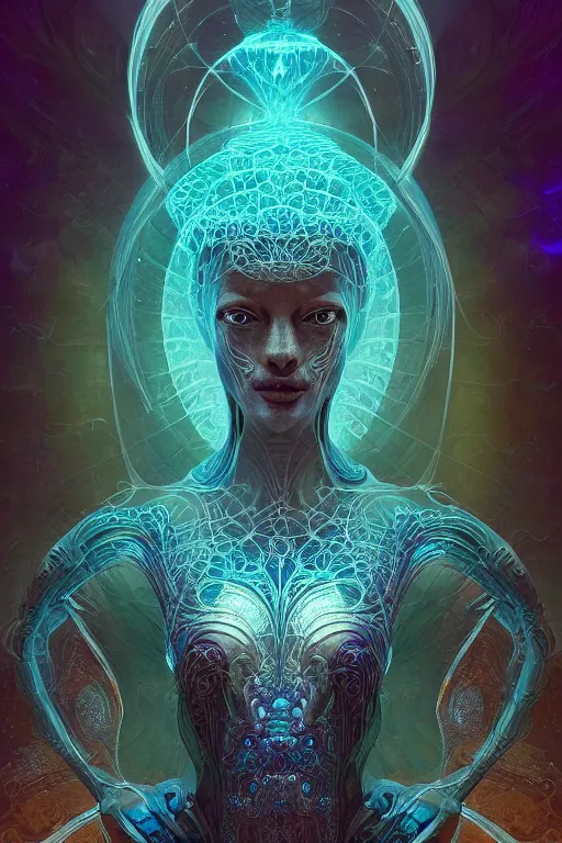 Image similar to a render of an ancient futuristic ethereal being with digital modifications surrounded by a underwater ink pour and flowing liquid gallium and complex sacred geometry, powerful, cinematic, beautifully lit, perfect face, by john howe, by beeple, by artgerm, by karol bak, by brian froud, 3 d, trending on cgsociety, octane render, 8 k