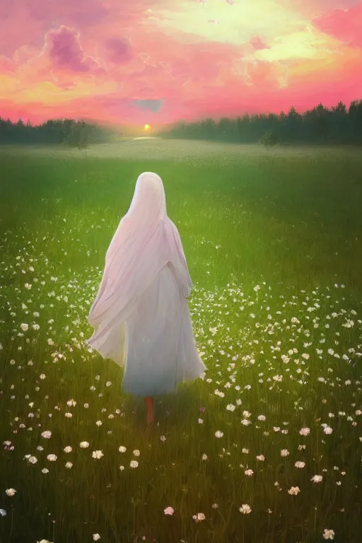 Image similar to white daisy flower face, girl with veil walking in a flower field, surreal photography, sunrise, dramatic light, impressionist painting, colorful clouds, digital painting, artstation, simon stalenhag