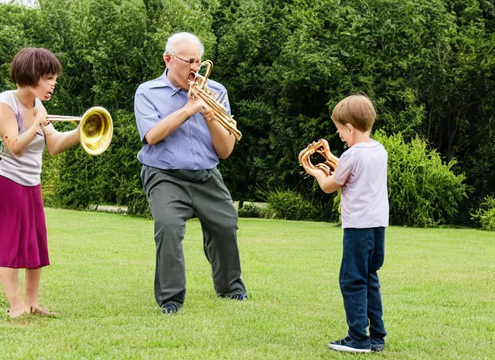 Prompt: buddy from lisa the joyful playing the trumpet while her little son play catch the ball with his grandad brad