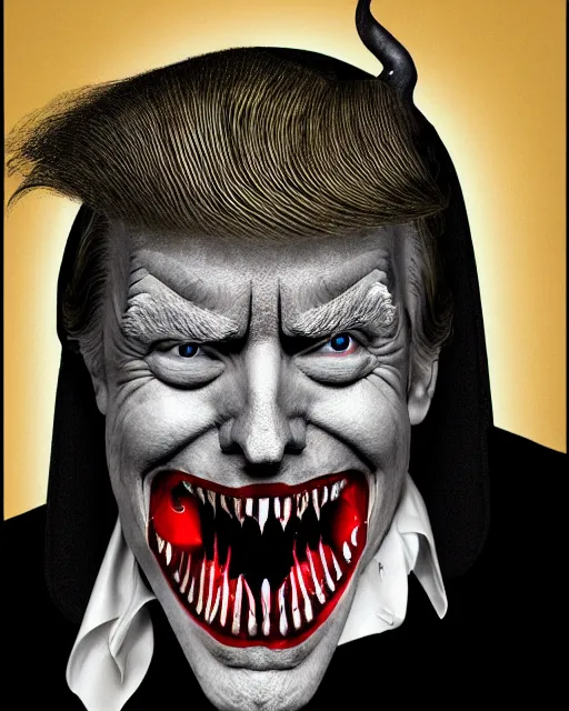 Image similar to photograph portrait of donald trump as dracula, fangs, character portrait, close up, concept art, intricate details, in the style of otto dix and h. r giger