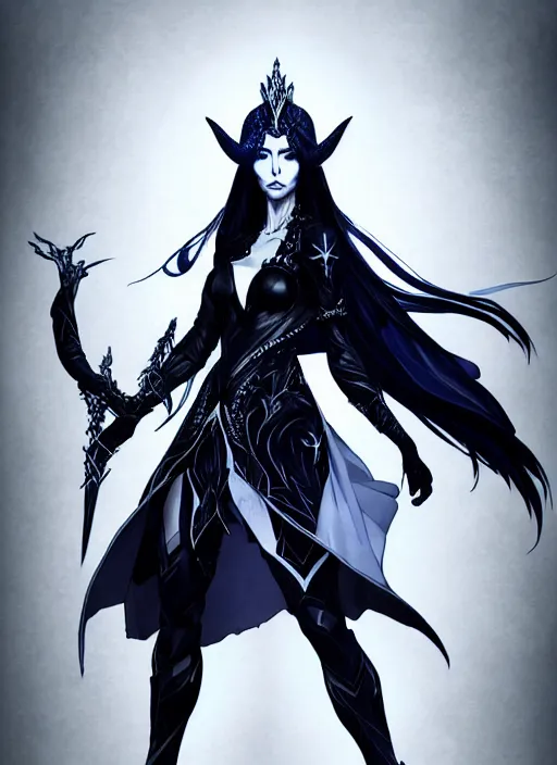 Image similar to Full body portrait of a beautiful elven queen with menacing look with long black hair wearing black and dark blue attire, silver crown. In style of Yoji Shinkawa and Hyung-tae Kim, trending on ArtStation, dark fantasy, great composition, concept art, highly detailed, dynamic pose.