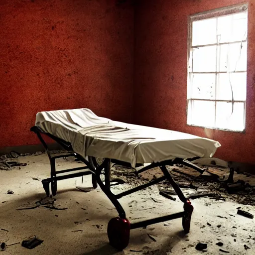 Image similar to photo of a demon strapped to a rusty old hospital bed in an abandoned hospital, real life photography, horror, biological photo, fullbody, dynamic lighting, beautiful, scary