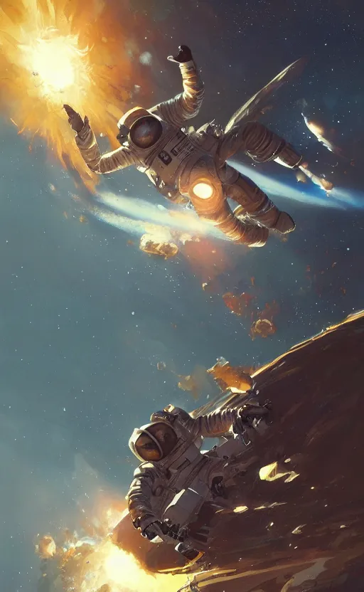 Prompt: a beautiful artwork illustration, astronaut flying around a galactic explosion, by greg rutkowski and jesper ejsing and raymond swanland, featured on artstation, wide angle, vertical orientation