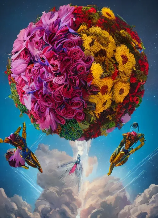 Image similar to An epic fantastic realism comic book style painting of the most beautiful flowers launched into space, bouquets, fisheye lens, unreal 5, DAZ, hyperrealistic, octane render, dynamic lighting