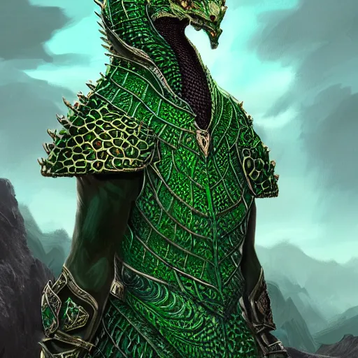 Prompt: a magnificent suit of green dragon scalemail on an armour stand with an exquisite cheetah cloak, d & d, fantasy, intricate, highly detailed, digital painting, artstation, concept art, matte, sharp focus, illustration