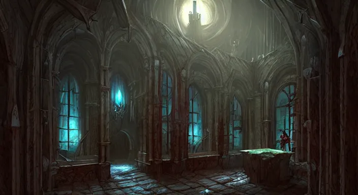 Prompt: dark sinister vampire lair interior by Marc Simonetti, library, adventure game, inspired by Diablo concept art