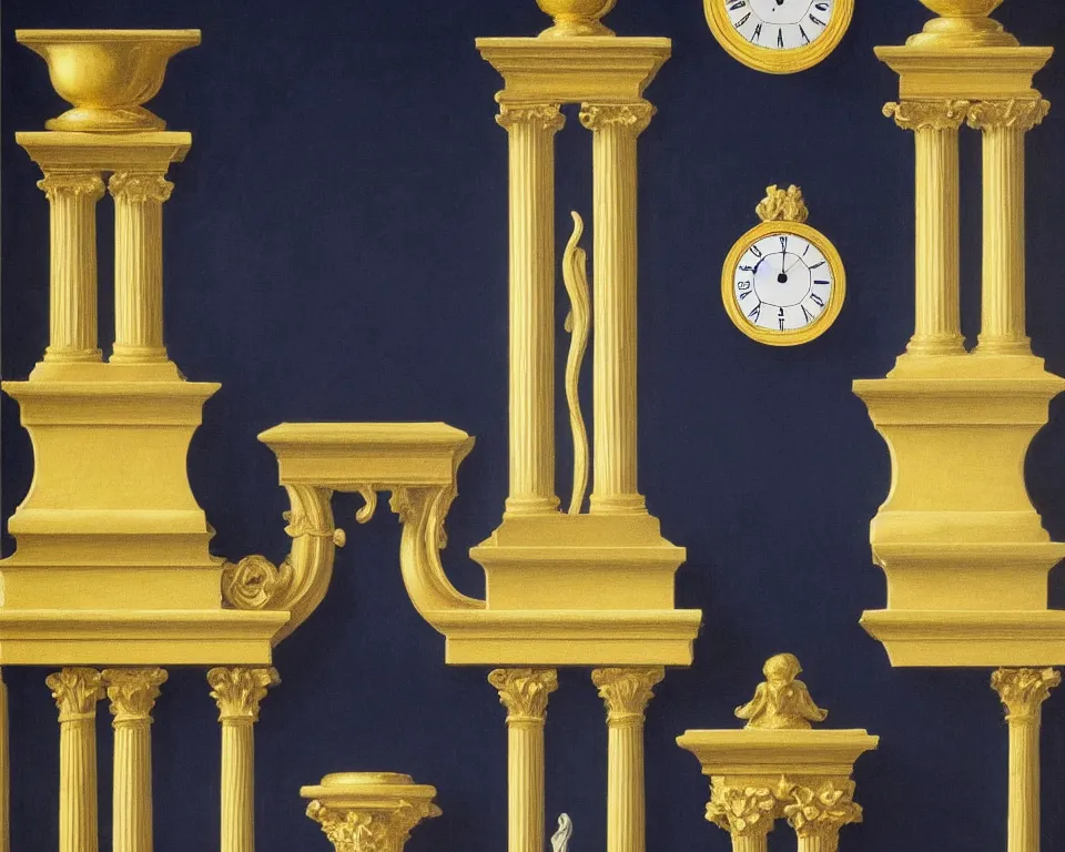 Image similar to an achingly beautiful print of gold clocks and marble corinthian capitals on a navy blue wall by Raphael, Hopper, and Rene Magritte. detailed, romantic, enchanting, trending on artstation.