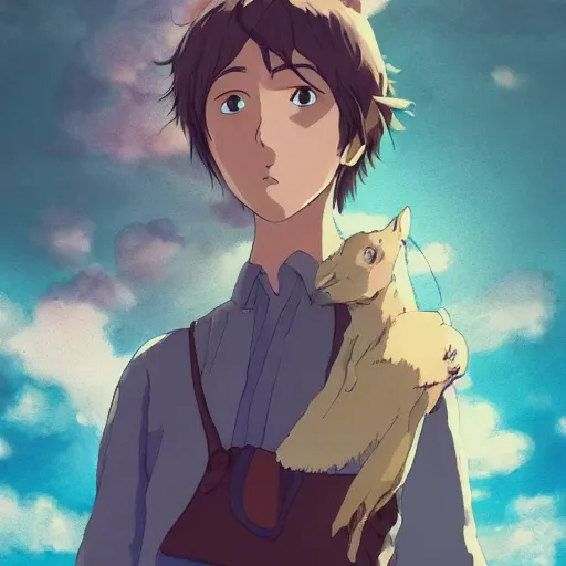 Prompt: friendly guy and small creature , with Fragile looking character portrait face made by Studio Ghibli highly detailed art, beautiful scene, sharp focus, smooth, 8k, anime art, wild, dark, fantasy, peaceful, colorful