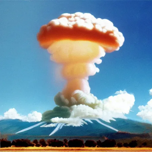 Image similar to nuclear mushroom cloud in the shape of bob ross