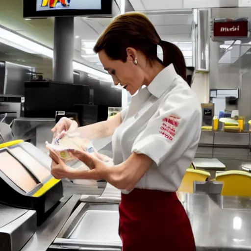 Image similar to Angelina Jolie working as a McDonalds cashier, macro, wide shot, dramatic, HD