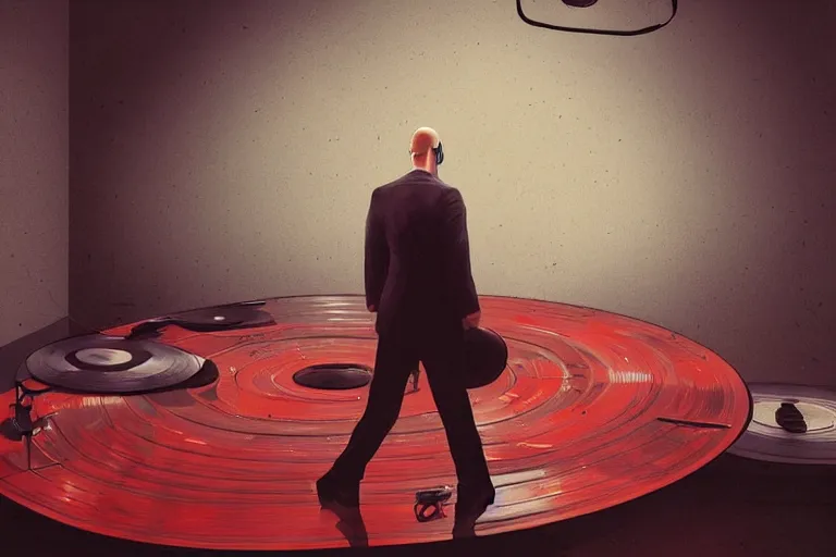 Image similar to an expressive portrait of agent 4 7 from hitman wearing headphones standing on a floor of vinyl records, dark background, red rim light, digital art, artstation, concept art by giger stalenhag