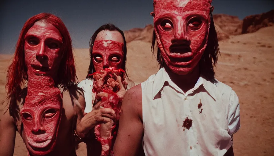 Prompt: high realistic photo portrait of esoteric tribes members with meat flesh bloody mask and elaborate red clothes in the desert, cinestill 800t 35mm, heavy grain, high quality,