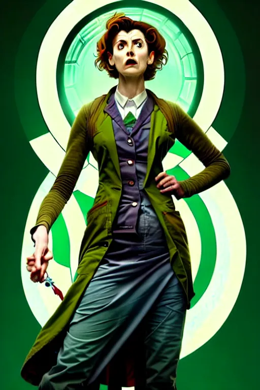 Image similar to doctor who, woman, as a mad dentist, on a plain green background, art by artgerm and greg rutkowski and alphonse mucha