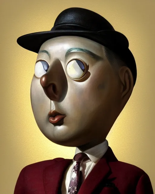 Image similar to closeup face profile portrait of a tin toy jacques tati, hyper realistic, artstation, illustration, nicoletta ceccoli, mark ryden, lostfish, max fleischer, digital paint, matte paint, vivid colors, dark, sinister, detailed and intricate environment