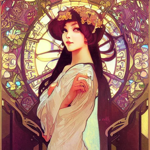 Prompt: detailing character concept portrait painting of cute neko girl, high fantasy, elegant, art station, pixiv, trending, editor’s pickup, by Alphonse Mucha