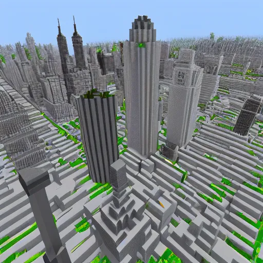 Image similar to new york city skyline built in minecraft, isometric view , voxel art