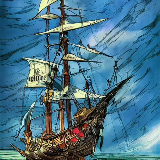 Prompt: a brigantine - type pirate ship with a fruit tree on her deck, an observation tower and huge masts, detailed, smooth, sharp focus, high contrast, colourful, dramatic lighting, graphic novel, art by ardian syaf and pepe larraz,