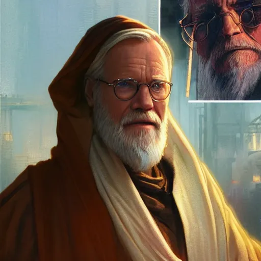 Image similar to david letterman as old obi wan kenobi, art by artgerm and greg rutkowski and charlie bowater and magali villeneuve and alphonse mucha