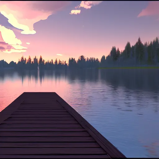 Prompt: nate the great, 3 d model, unreal engine, extreme detail, 4 k, artstation, ultra realistic, painterly, sunset, on a dock by a lake