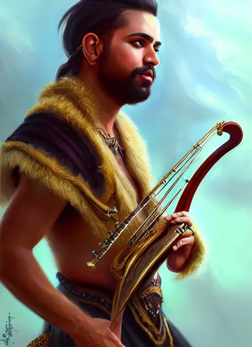 Image similar to a _ fantasy _ style _ portrait _ painting _ of islander male charismatic bard playing instrument, rpg dnd oil _ painting _ unreal _ 5 _ daz. _ rpg _ portrait _ extremely _ detailed _ artgerm _ greg _ rutkowski _ greg