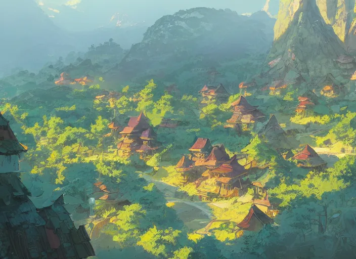Image similar to concept art painting of a small woodland village in a valley seen from above, european japanese buildings, early morning, cel shaded, detailed, realistic, by makoto shinkai and moebius and anton fadeev and james gurney