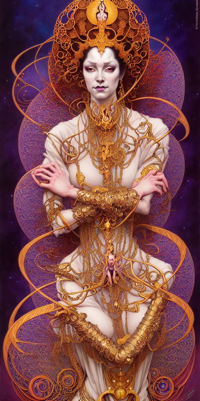 Image similar to beautiful ardhnarishwar art nouveau inter - dimensional empress tsarina character portrait, ultra realistic, intricate detailed costume designed by eiko ishioka, highly detailed by peter mohrbacher, hajime sorayama, wayne barlowe, boris vallejo, aaron horkey, gaston bussiere, craig mullins alphonse mucha