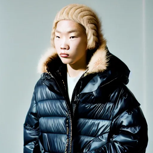 Image similar to realistic photoshooting for a new balenciaga lookbook, color film photography, portrait of a blonde asian woman, model wearing a puffer jacket, photo in style of tyler mitchell, 3 5 mm,