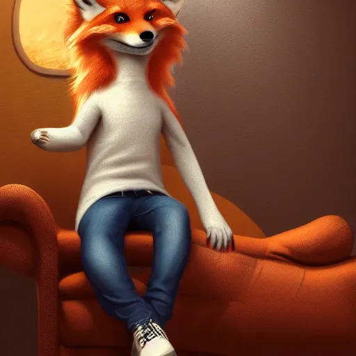 Image similar to an anthropomorphic fox sitting on a couch, wearing a t-shirt and jeans , 8k resolution matte fantasy painting, cinematic lighting, DeviantArt, Artstation, furry, anthro, anthropomorphic, furaffinity, cartoon, disney