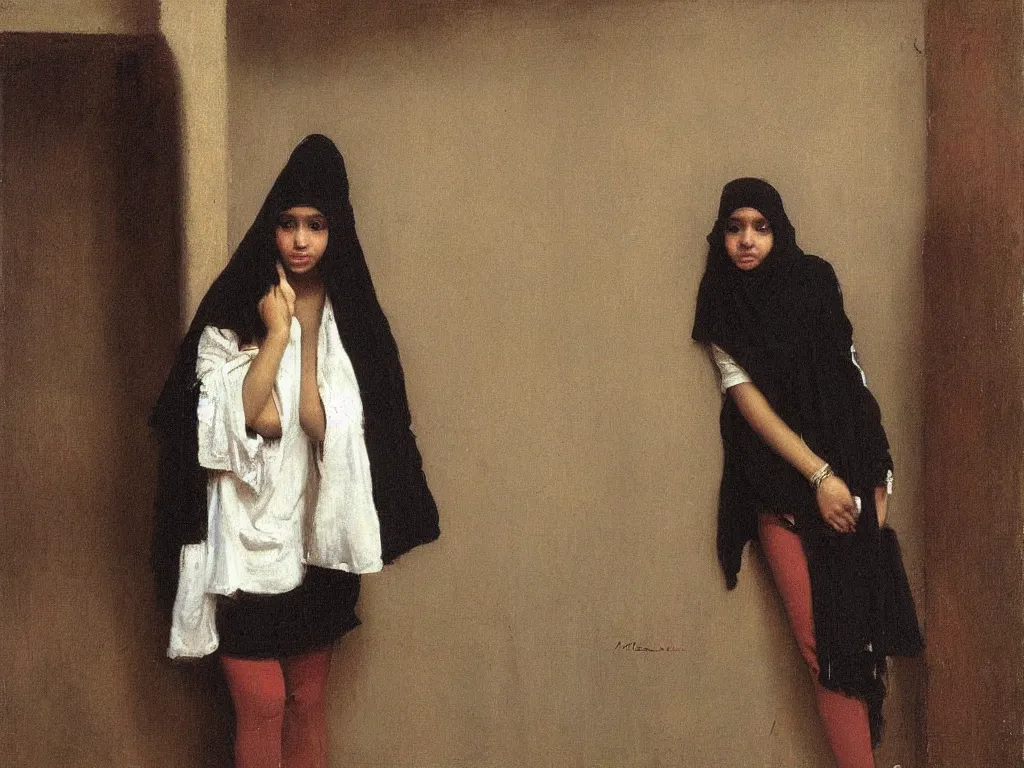 Image similar to strip club, portrait of arab young girl in a burqa by michael sowa