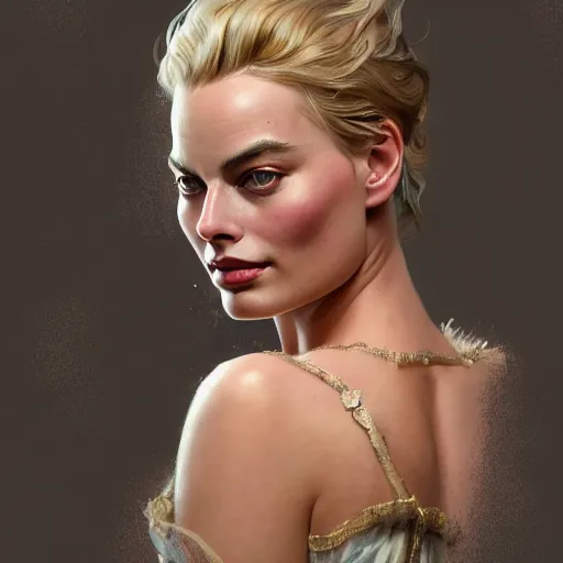 Image similar to A full portrait of Margot Robbie, intricate, elegant, highly detailed, digital painting, artstation, concept art, smooth, sharp focus, illustration, art by Krenz Cushart and bouguerea and alphonse mucha