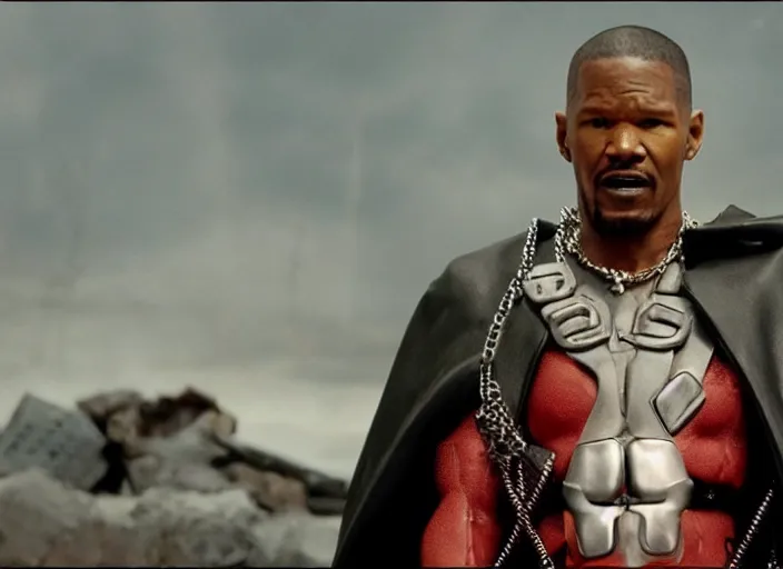 Image similar to film still of jamie foxx as spawn in the new spawn movie, giant chains, large cape, 8 k