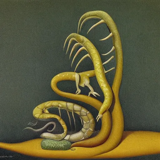 Prompt: cambrian, soft shadow by henri rousseau, by karen wallis dismal, tired. a beautiful sculpture of a snake eating its own tail that seems to go on forever.