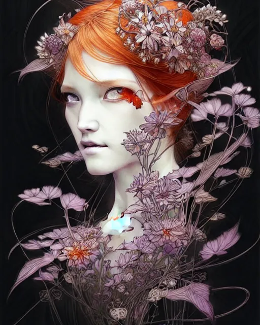 Image similar to Beautiful and playful ethereal ginger portrait, art nouveau, fantasy, intricate flower designs, elegant, highly detailed, sharp focus, art by Tsutomu Nihei, Artgerm and Greg Rutkowski and WLOP