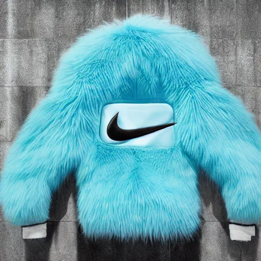 Image similar to nike logo made of very fluffy cyan faux fur placed on reflective surface, professional advertising, overhead lighting, heavy detail, realistic by nate vanhook, mark miner